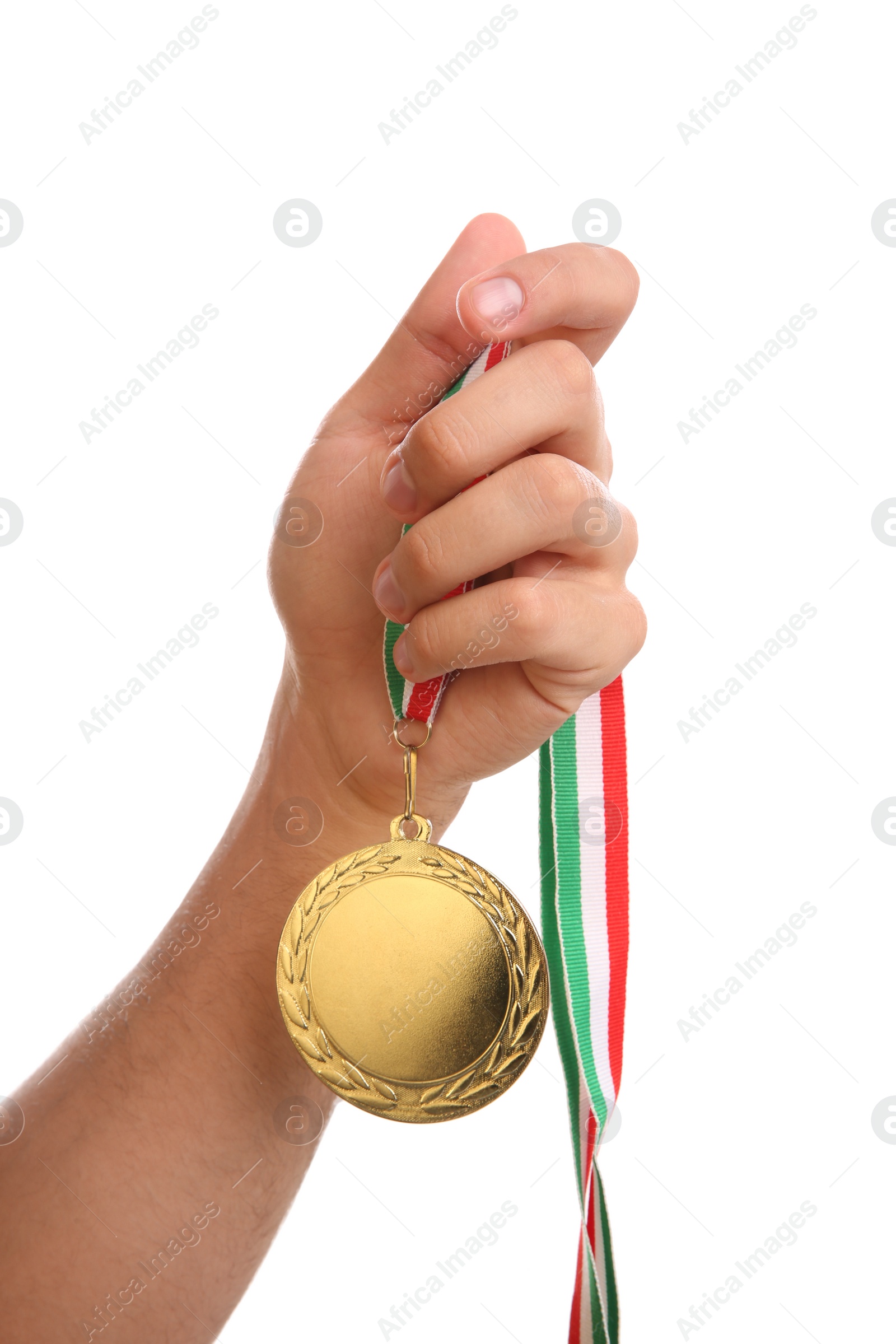 Photo of Man holding golden medal on white background, closeup. Space for design