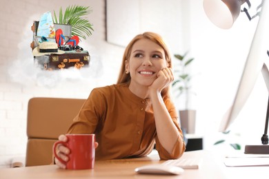 Image of Young woman dreaming about vacation at table in office