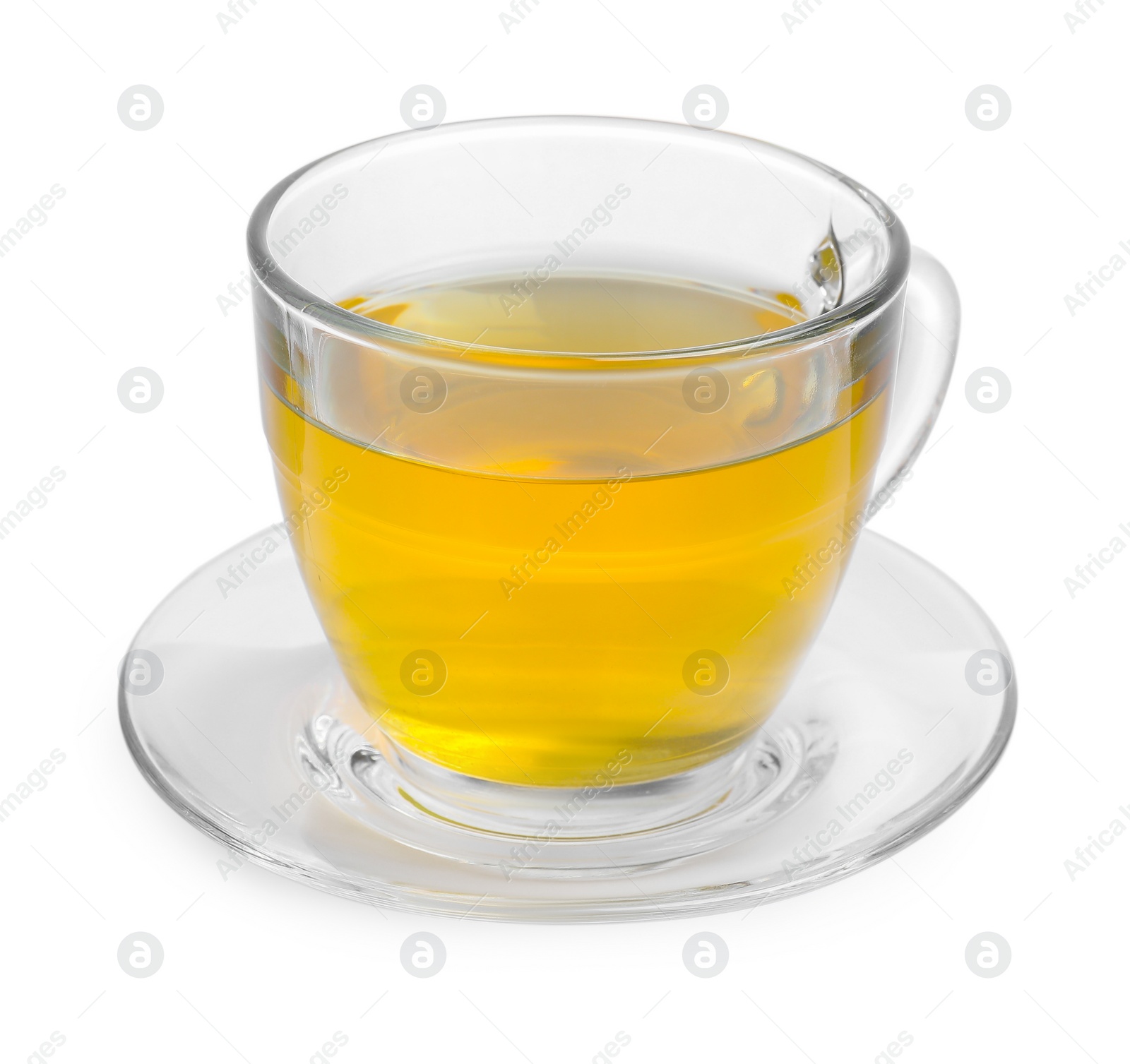 Photo of Fresh green tea in glass cup and saucer isolated on white