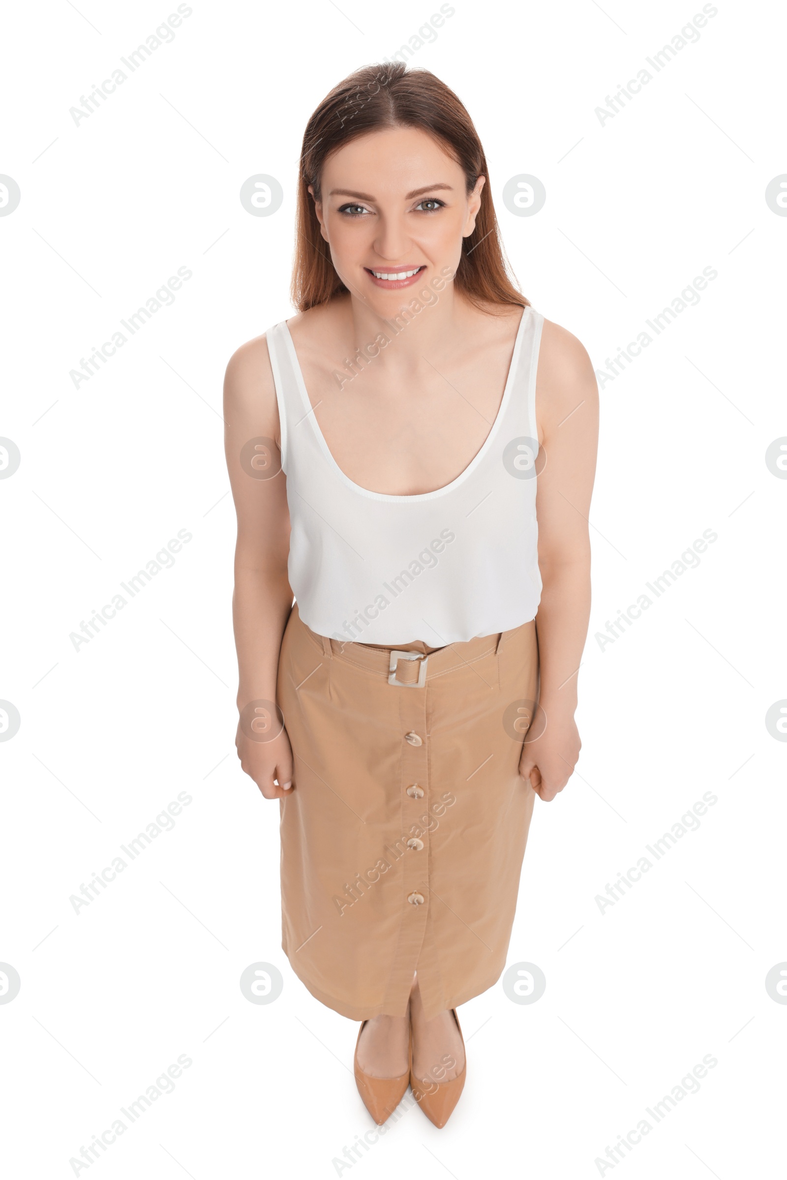 Photo of Beautiful happy businesswoman on white background, above view