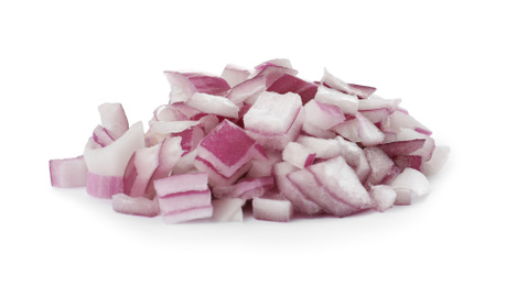 Photo of Pile of chopped red onion isolated on white