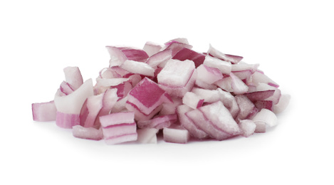 Pile of chopped red onion isolated on white