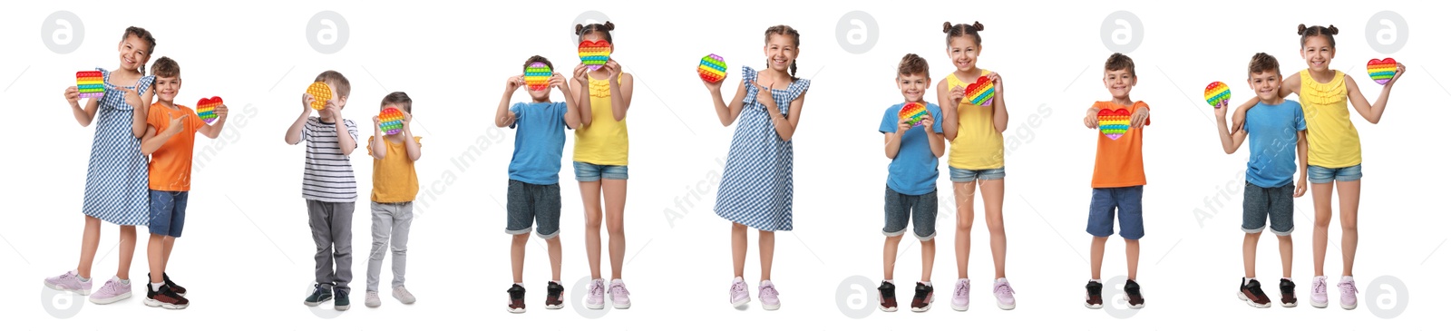 Image of Cute children with pop it fidget toys on white background, collage. Banner design