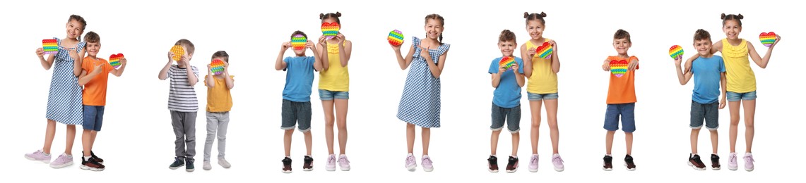 Cute children with pop it fidget toys on white background, collage. Banner design