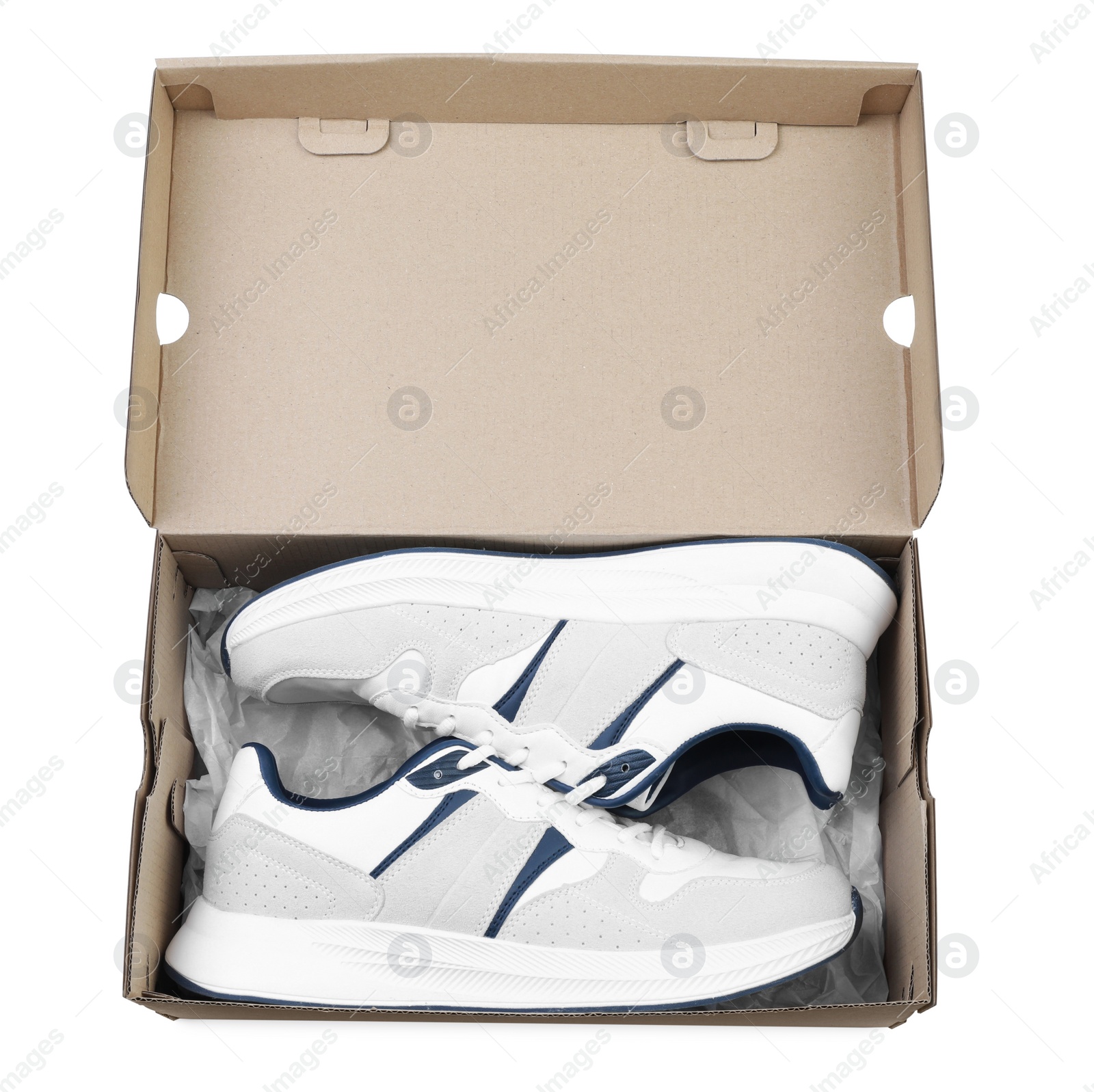 Photo of Pair of stylish sport shoes in cardboard box on white background, top view