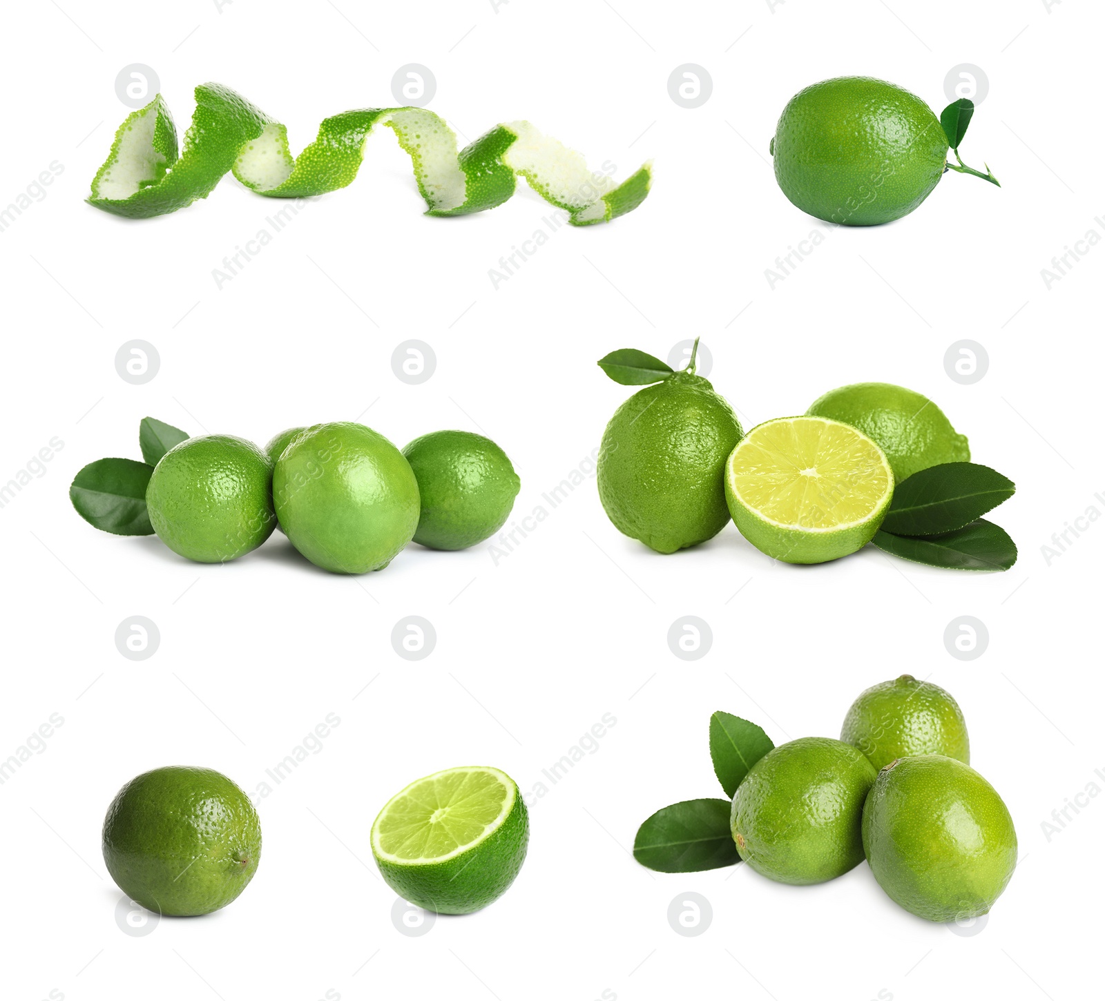 Image of Set of fresh ripe limes on white background