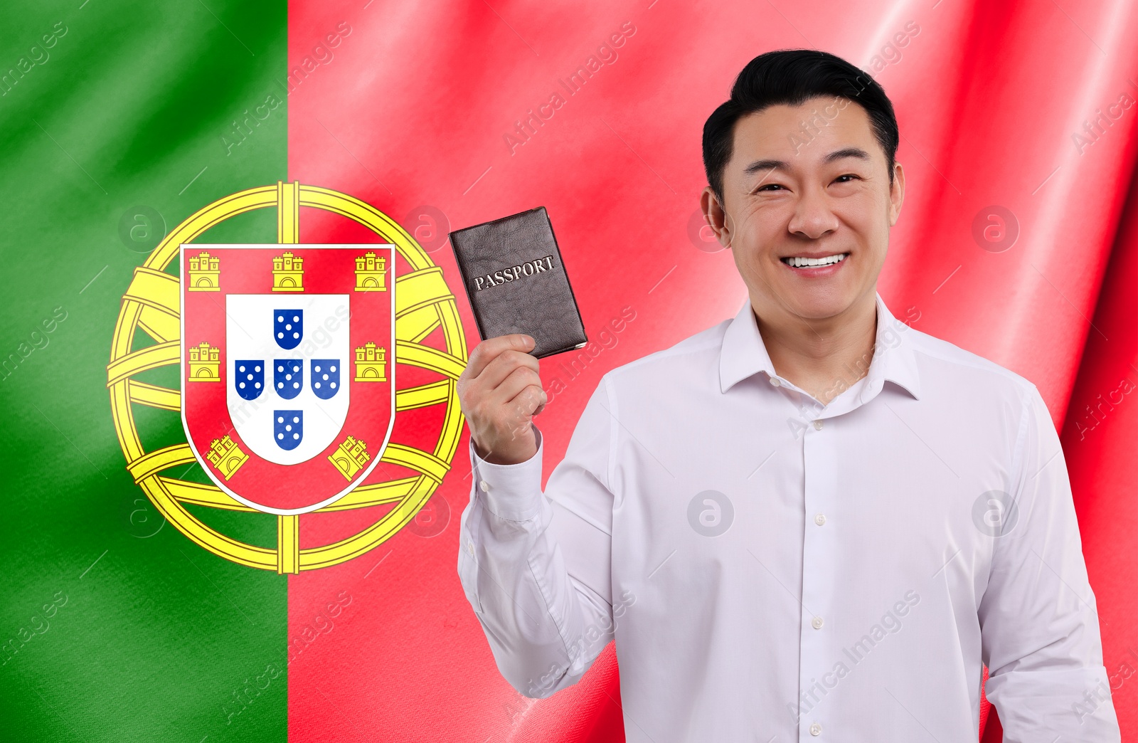 Image of Immigration. Happy man with passport against national flag of Portugal, space for text