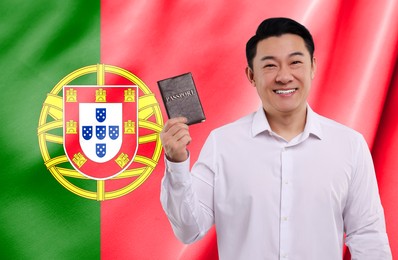 Immigration. Happy man with passport against national flag of Portugal, space for text