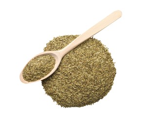 Photo of Pile of aromatic mate tea and spoon on white background, top view