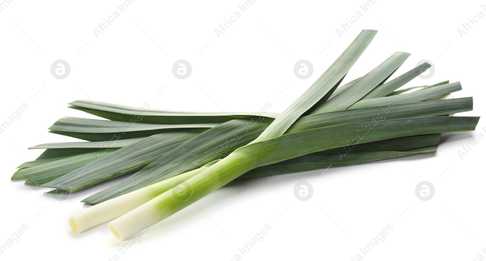 Photo of Fresh raw leeks on white background. Ripe onion