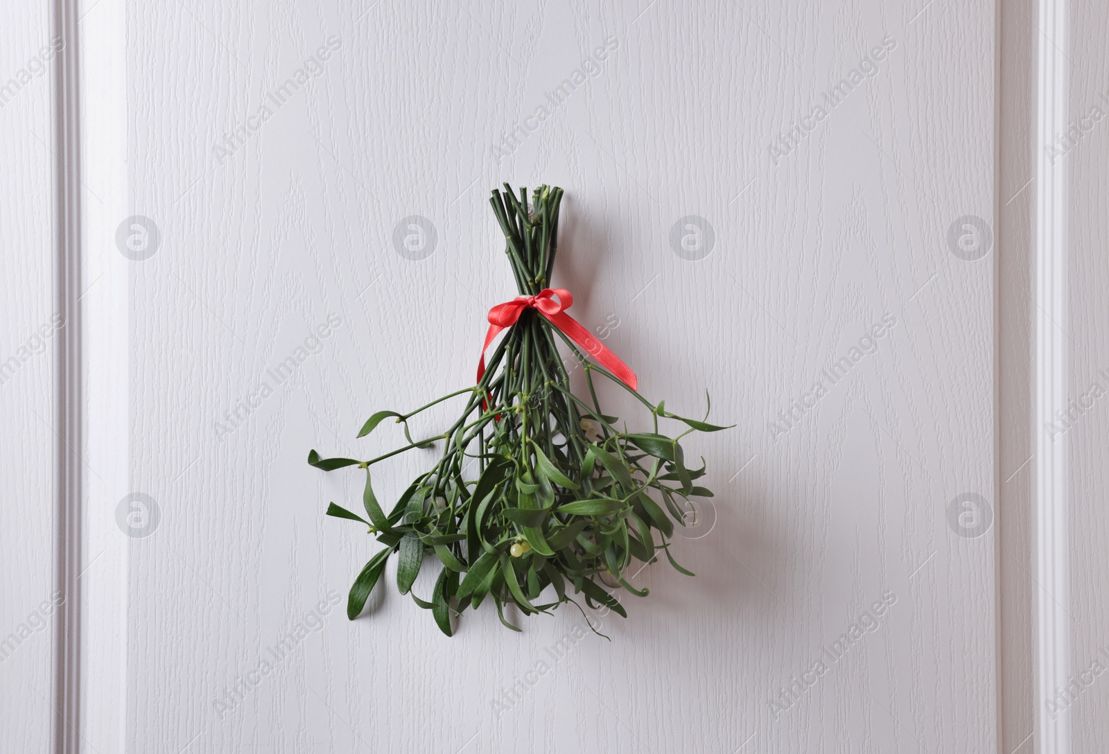 Photo of Mistletoe bunch with red bow hanging on white wooden door. Traditional Christmas decor