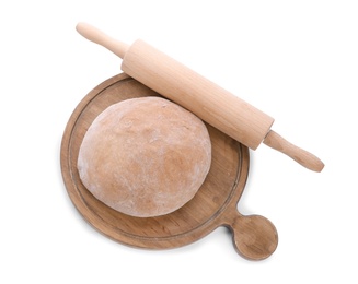 Wooden board with raw rye dough and rolling pin on white background, top view