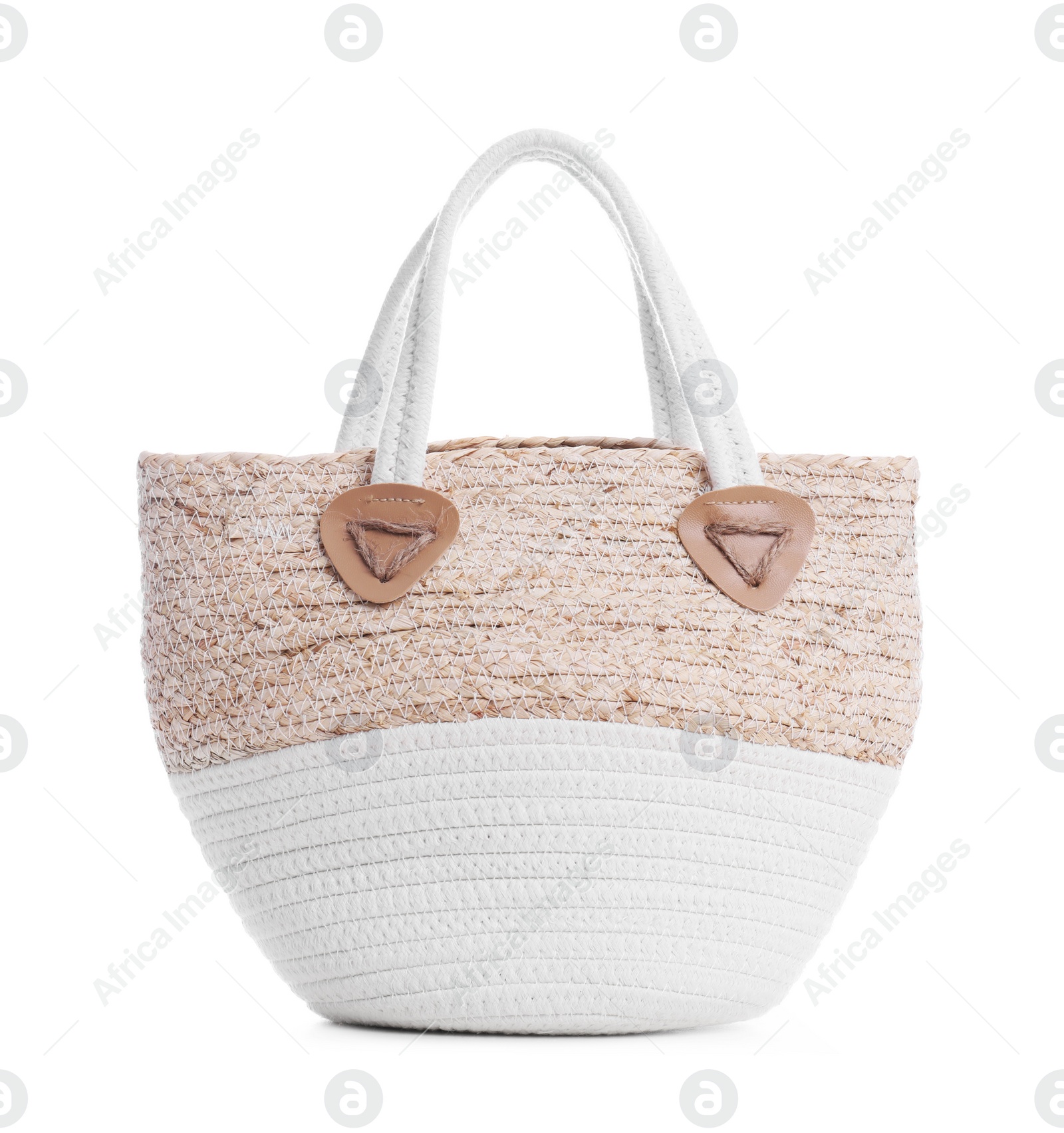 Photo of Stylish straw bag on white background. Summer accessory