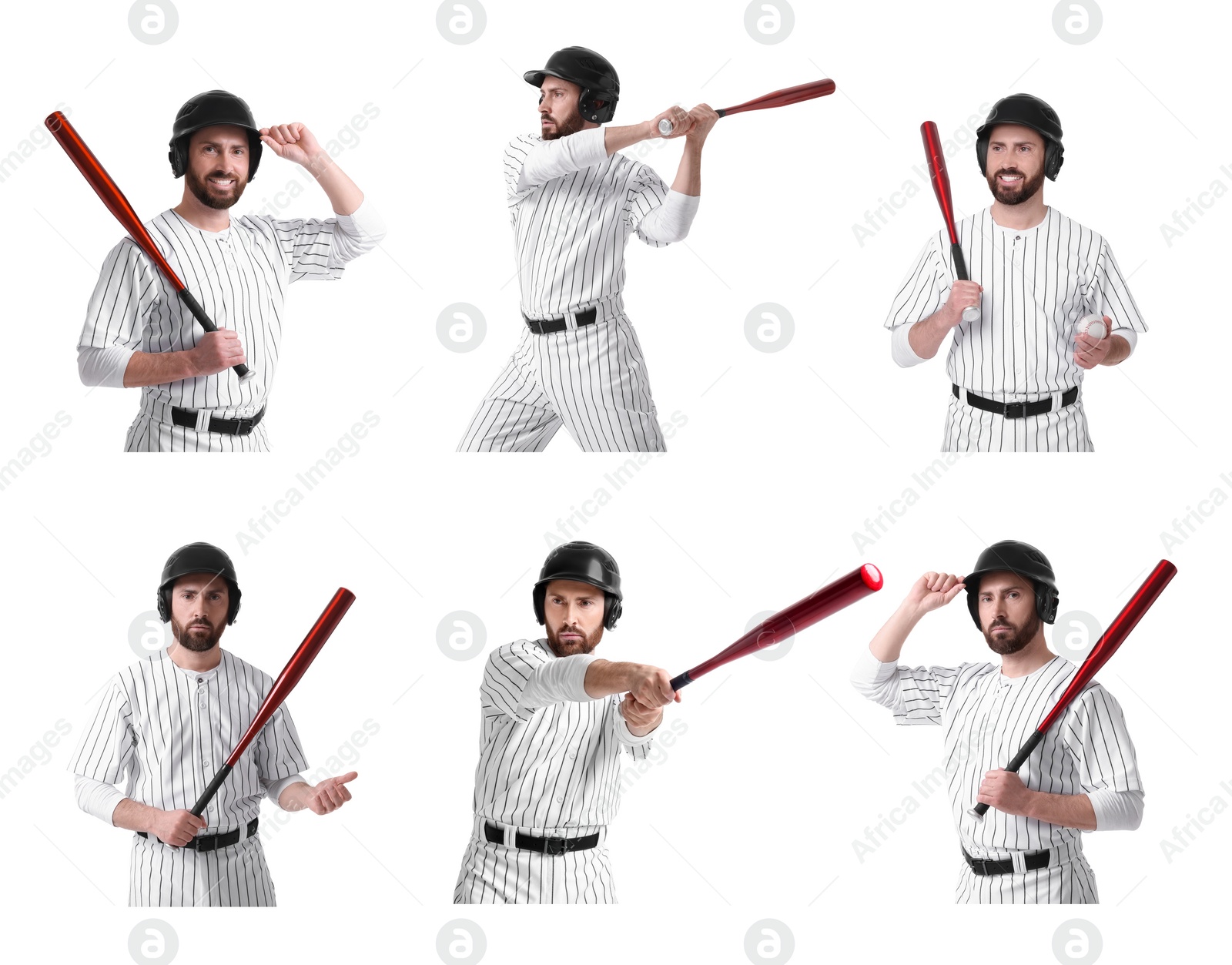 Image of Baseball player with bat on white background, set of photos