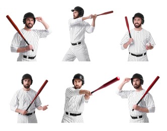 Baseball player with bat on white background, set of photos