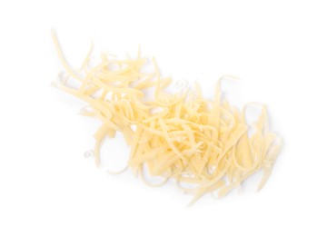 Pile of tasty grated cheese isolated on white, top view