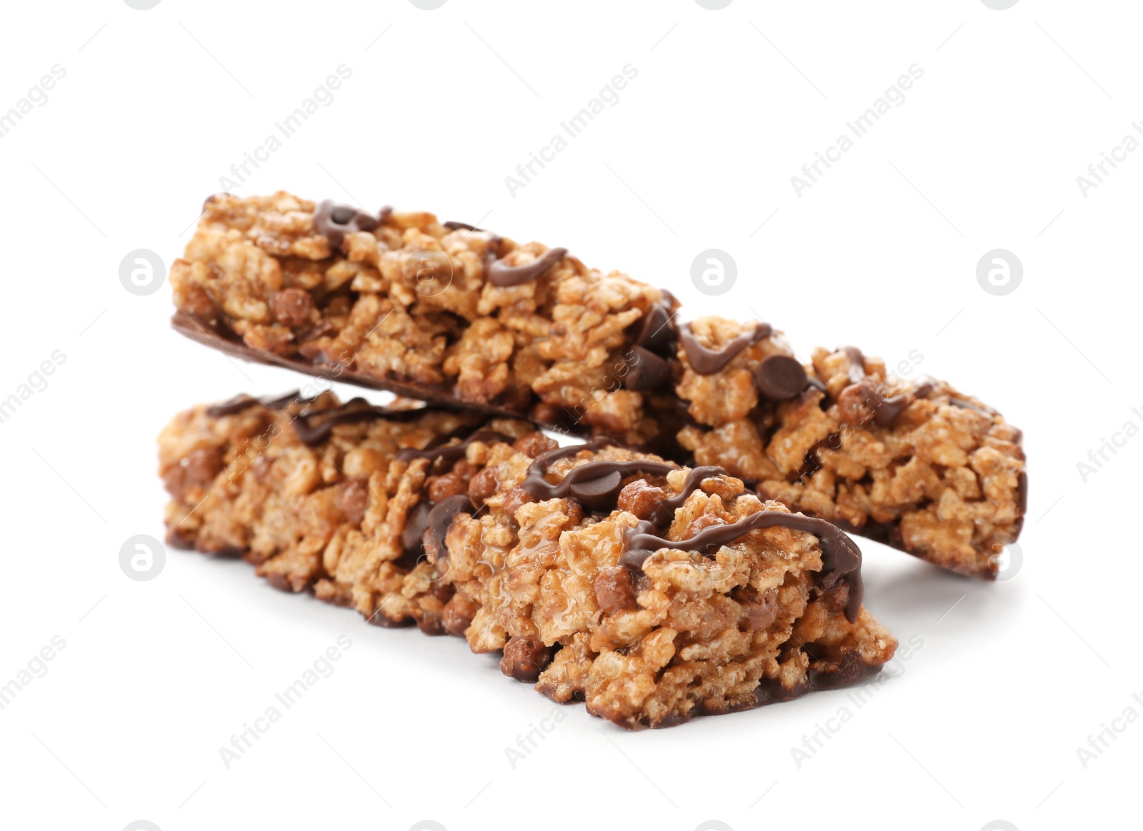 Photo of Tasty protein bars on white background. Healthy snack