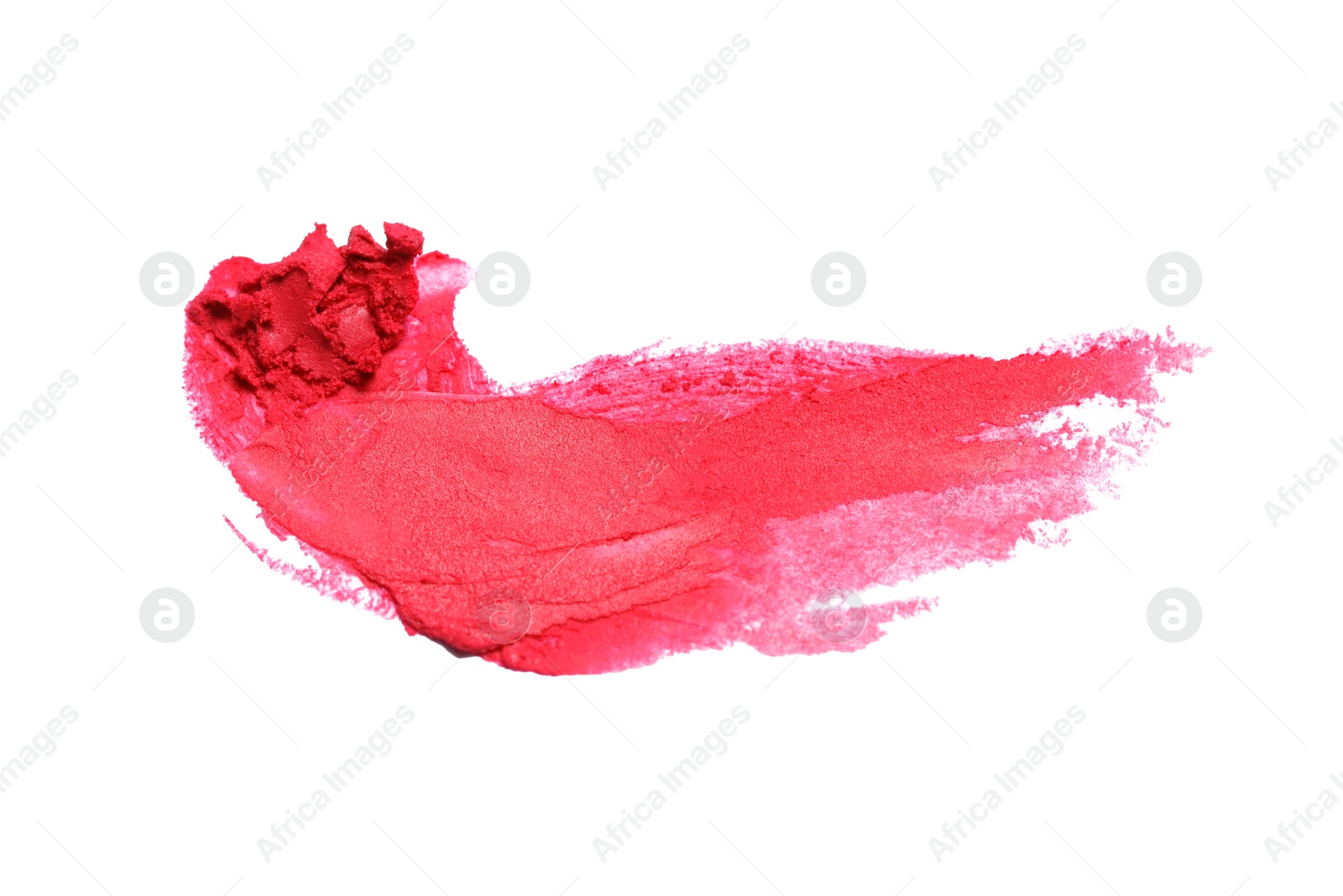 Photo of Smear of bright lipstick on white background, top view