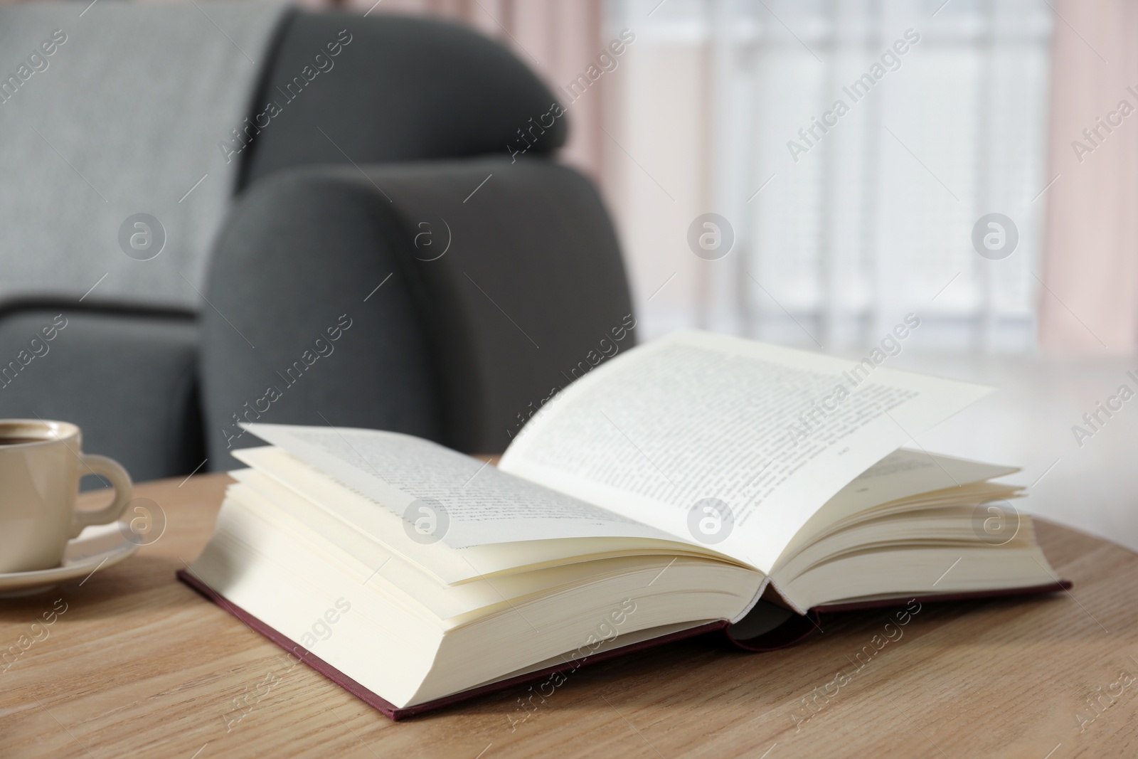 Photo of Open book on wooden table in living room, space for text