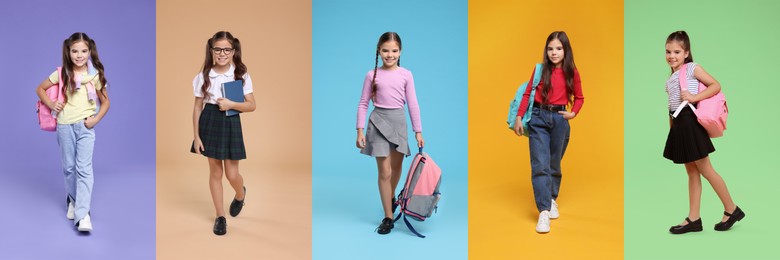Schoolgirls on color backgrounds, set of photos