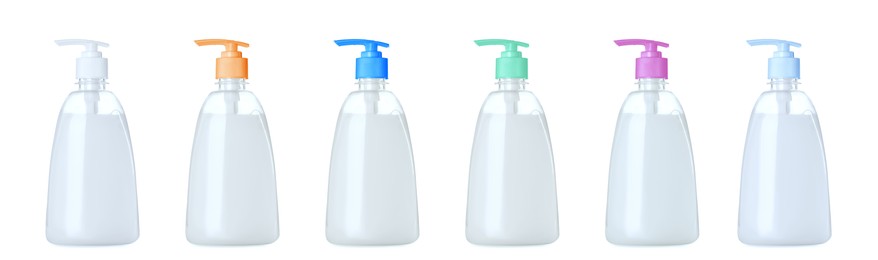 Image of Set with bottles of liquid soap on white background. Banner design