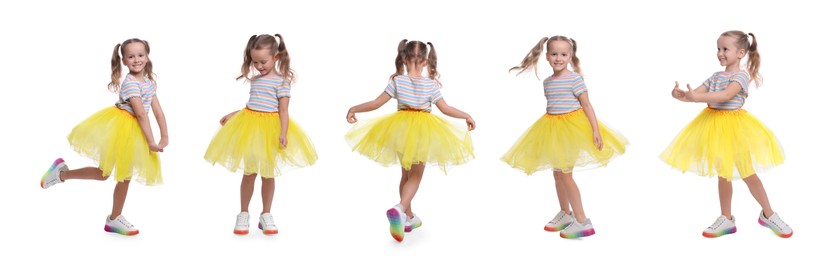 Image of Cute little girl in tutu skirt dancing on white background, set of photos