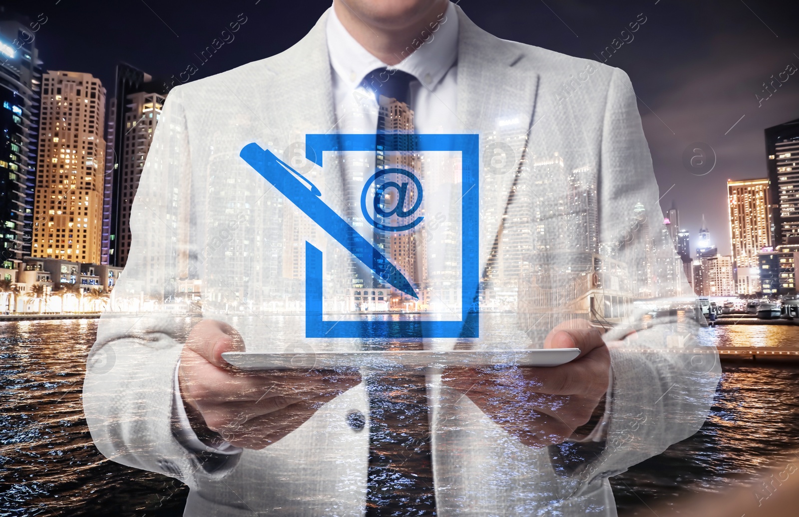 Image of Electronic signature concept. Double exposure of businessman with tablet and night cityscape