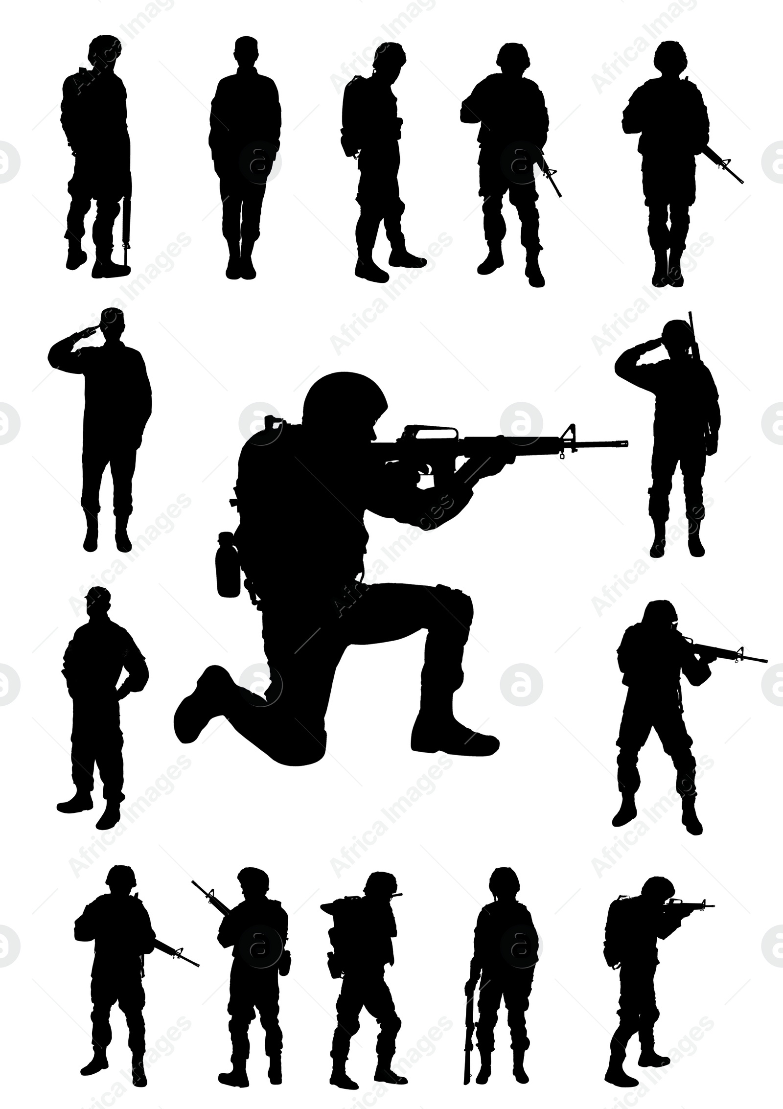 Image of Collage with silhouettes of soldiers on white background. Military service