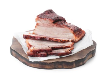 Photo of Pieces of tasty baked pork belly isolated on white