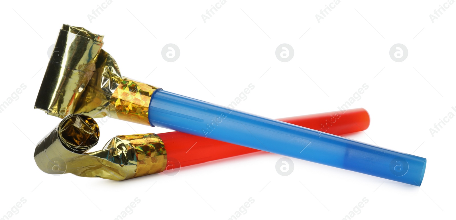 Photo of Bright party blowers on white background. Festive items