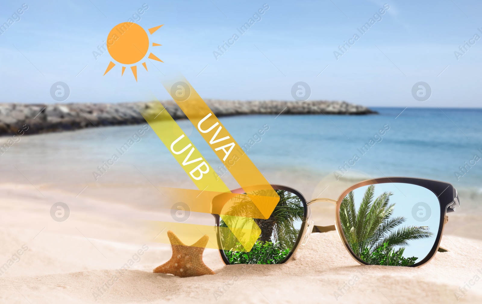 Image of Stylish sunglasses on sandy beach near sea. UVA and UVB rays reflected by lenses, illustration