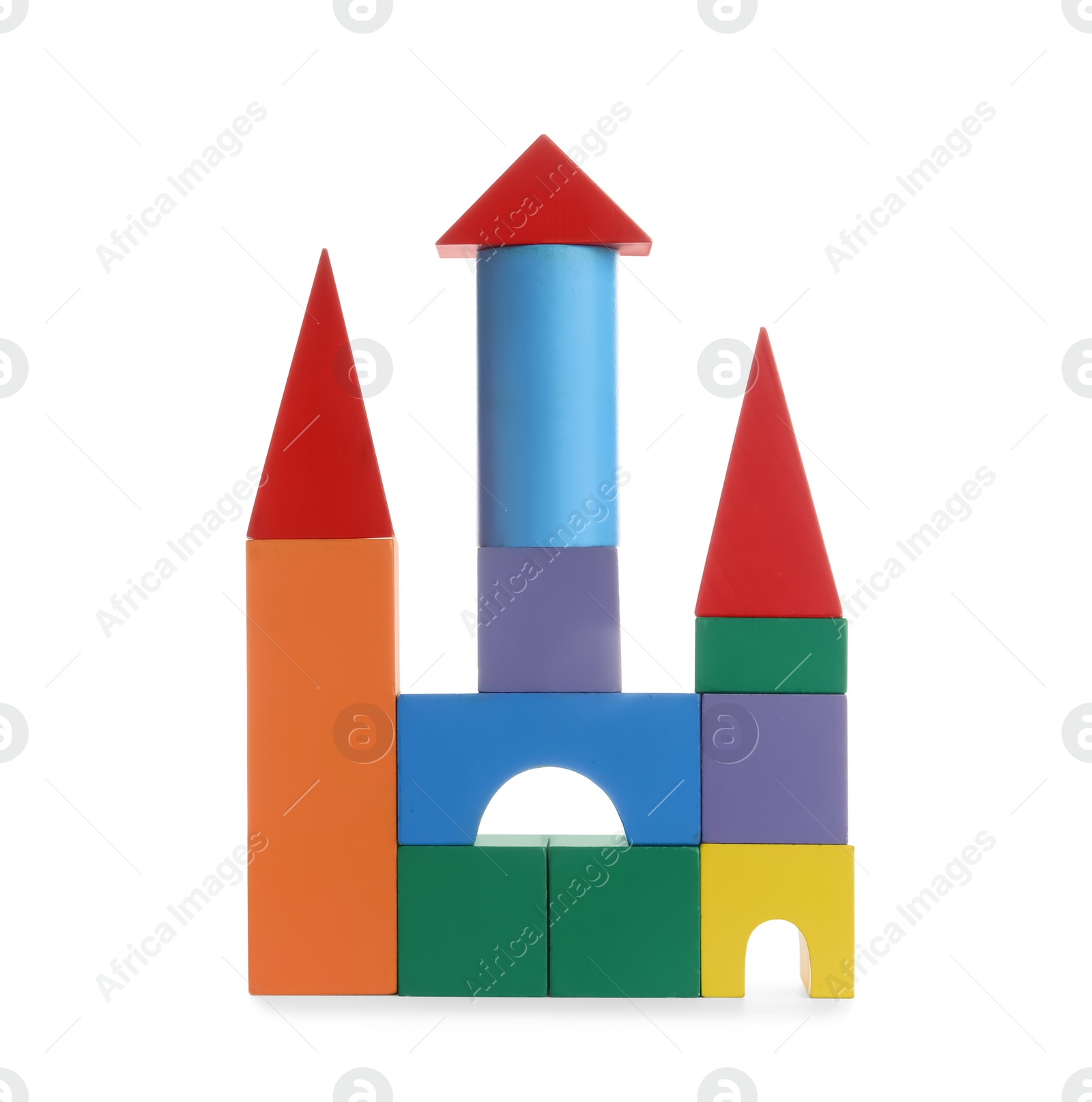 Photo of Colorful toy castle made of blocks isolated on white