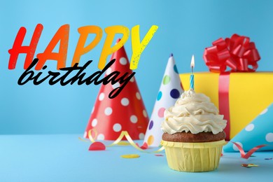 Happy Birthday! Delicious cupcake with burning candle on light blue background 