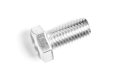 Photo of One metal bolt on white background, top view