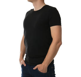 Man in black t-shirt on white background, closeup. Space for design