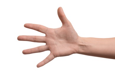 Woman showing hand on white background, closeup