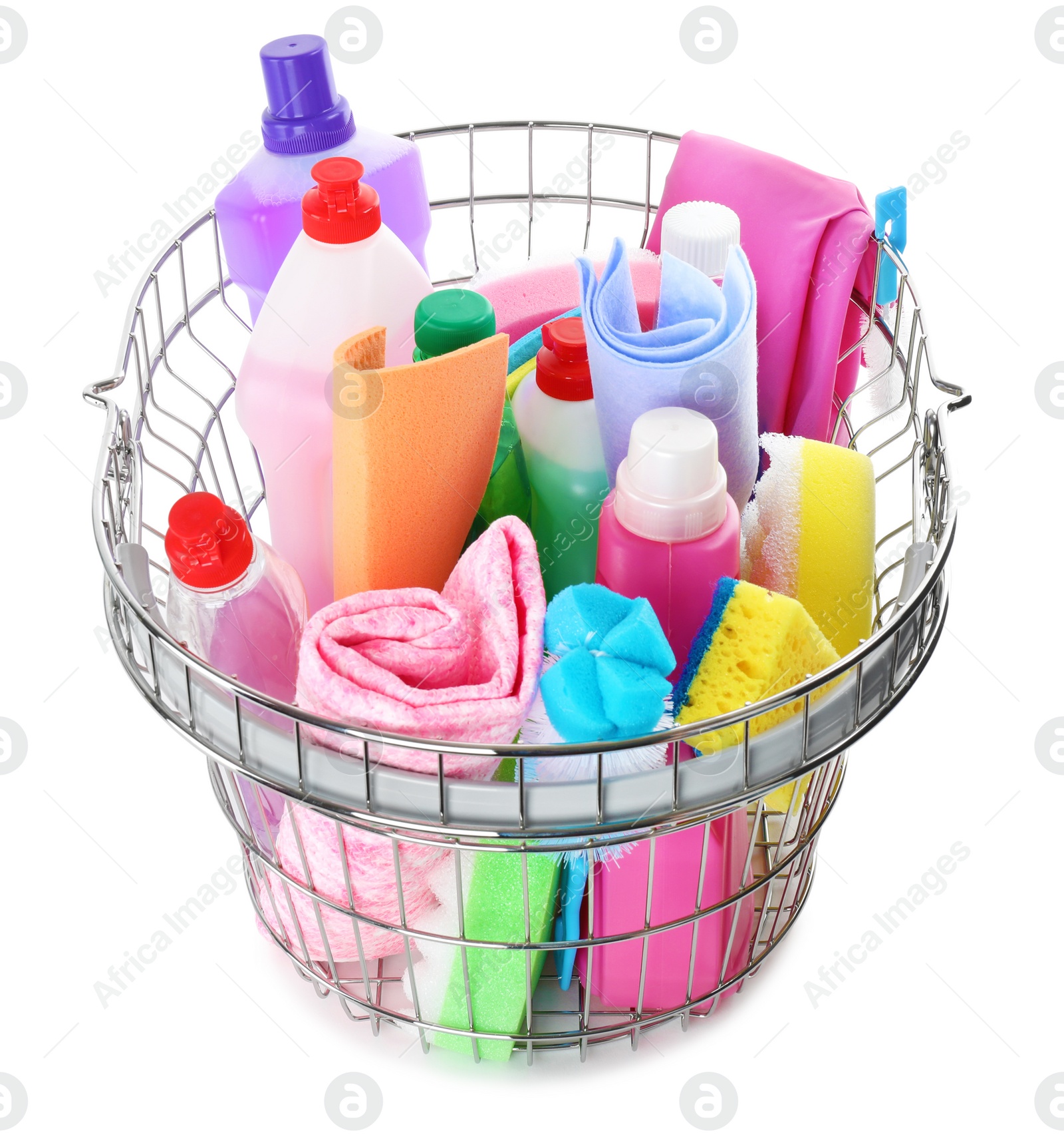 Photo of Metal shopping basket with different household chemicals on white background