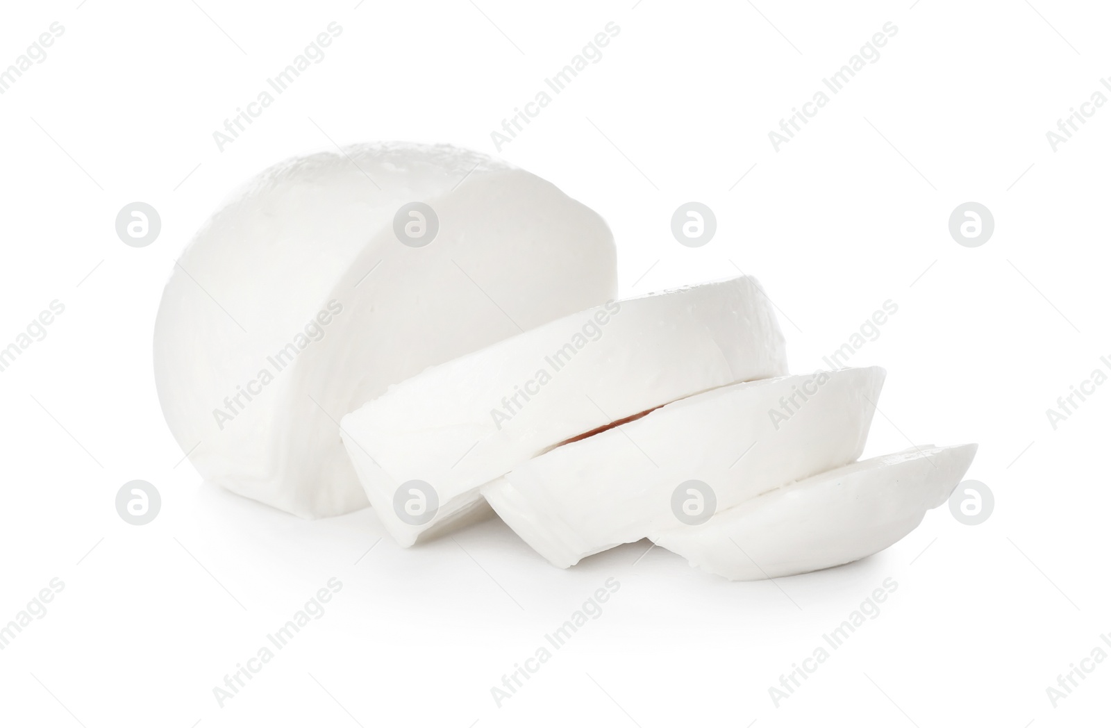 Photo of Delicious mozzarella cheese slices on white background