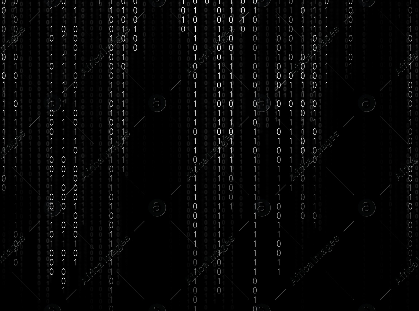 Illustration of Binary code in digital space. 1s and 0s on black background