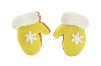 Photo of Christmas cookies in shape of mittens on white background