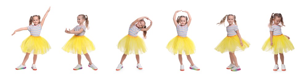 Image of Cute little girl in tutu skirt dancing on white background, setphotos