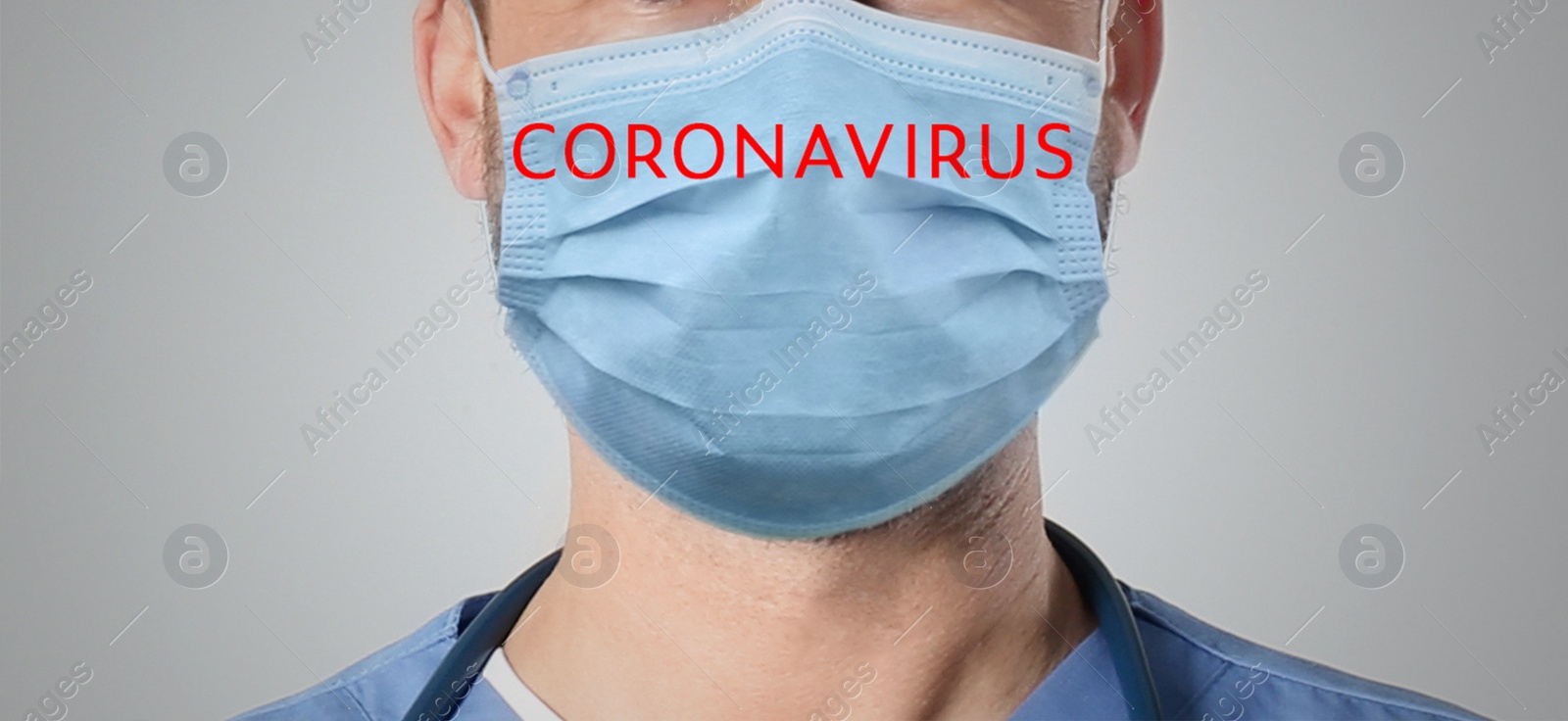 Image of Medical worker wearing face mask on light grey background, closeup. Coronavirus safety