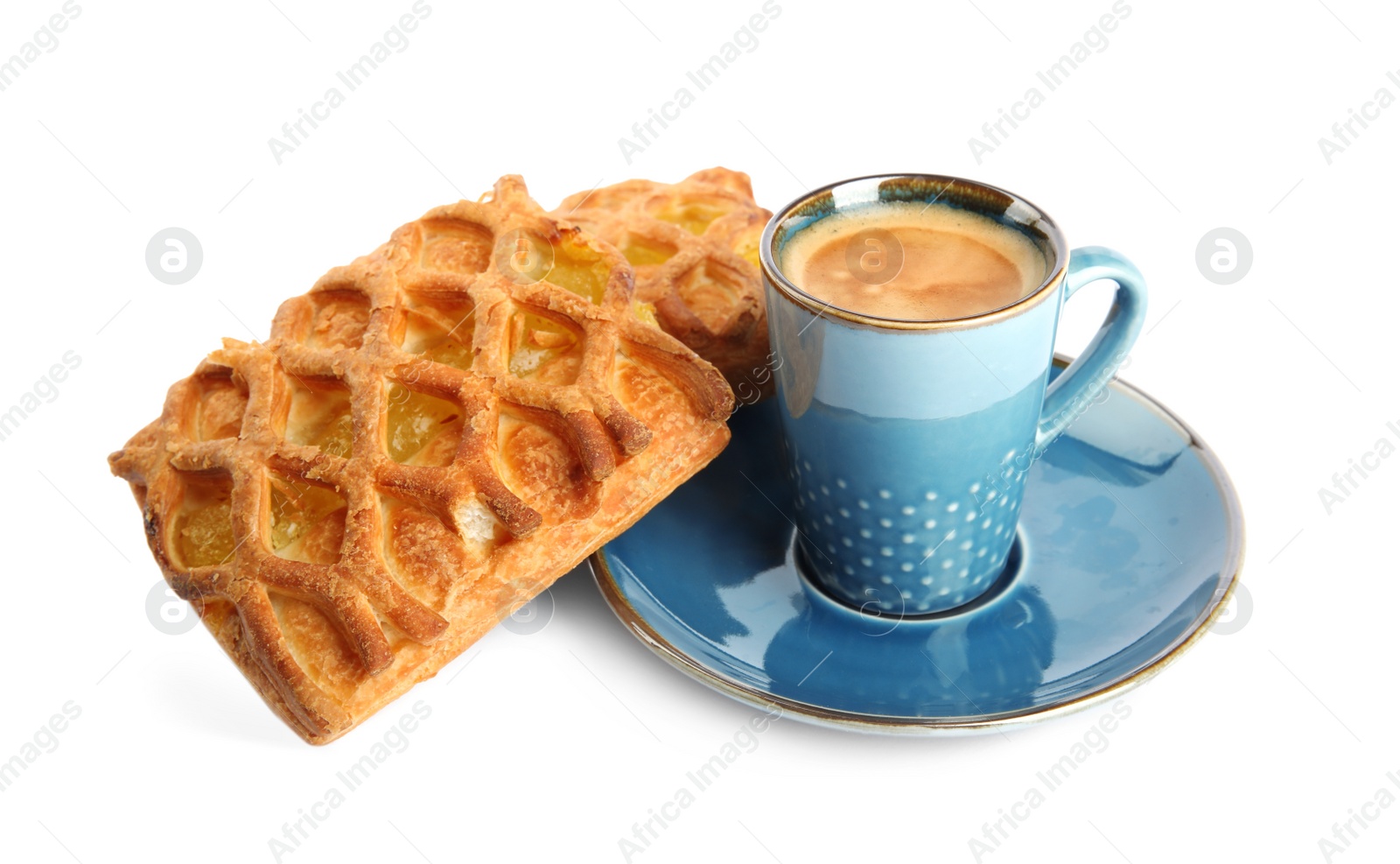 Photo of Delicious pastries and coffee on white background