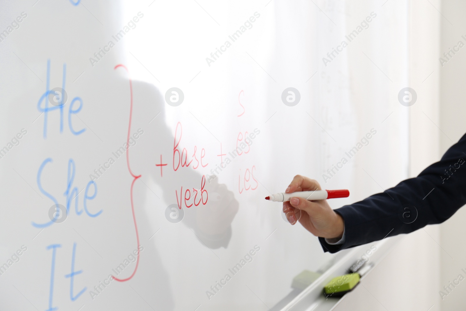 Photo of English teacher giving lesson near whiteboard, closeup