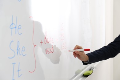 Photo of English teacher giving lesson near whiteboard, closeup