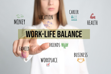 Image of Woman pointing on phrase Work-life balance against light background, closeup