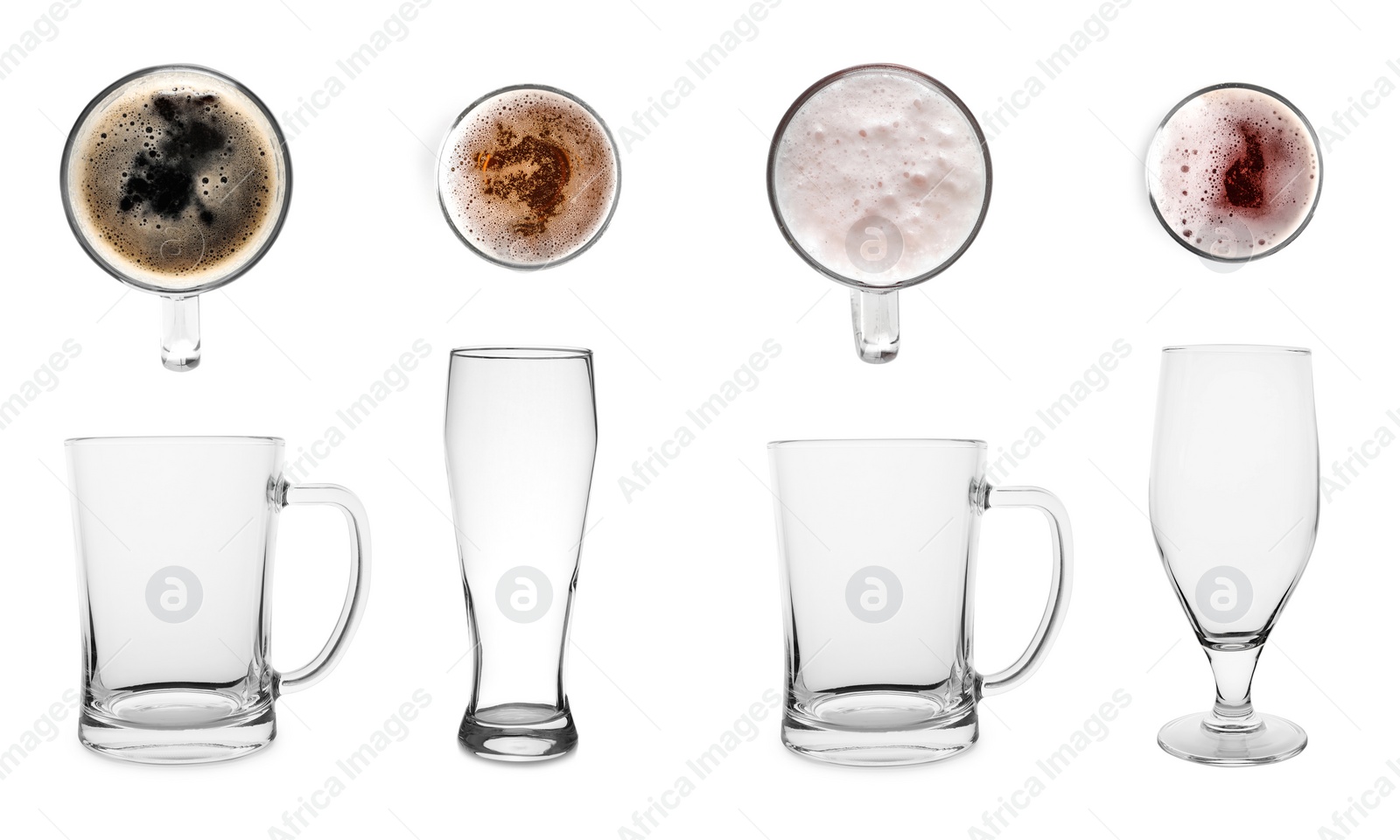 Image of Set with empty and full of beer glasses on white background