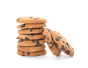 Stack of tasty chocolate chip cookies on white background