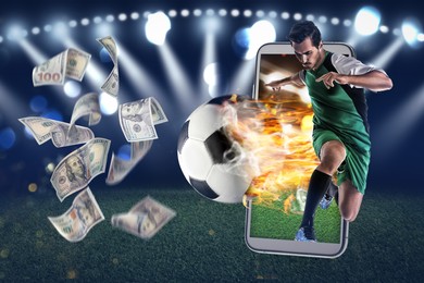 Image of Win on sports betting, online bookmaker service. Football player kicking ball out of mobile phone and flying dollars at stadium