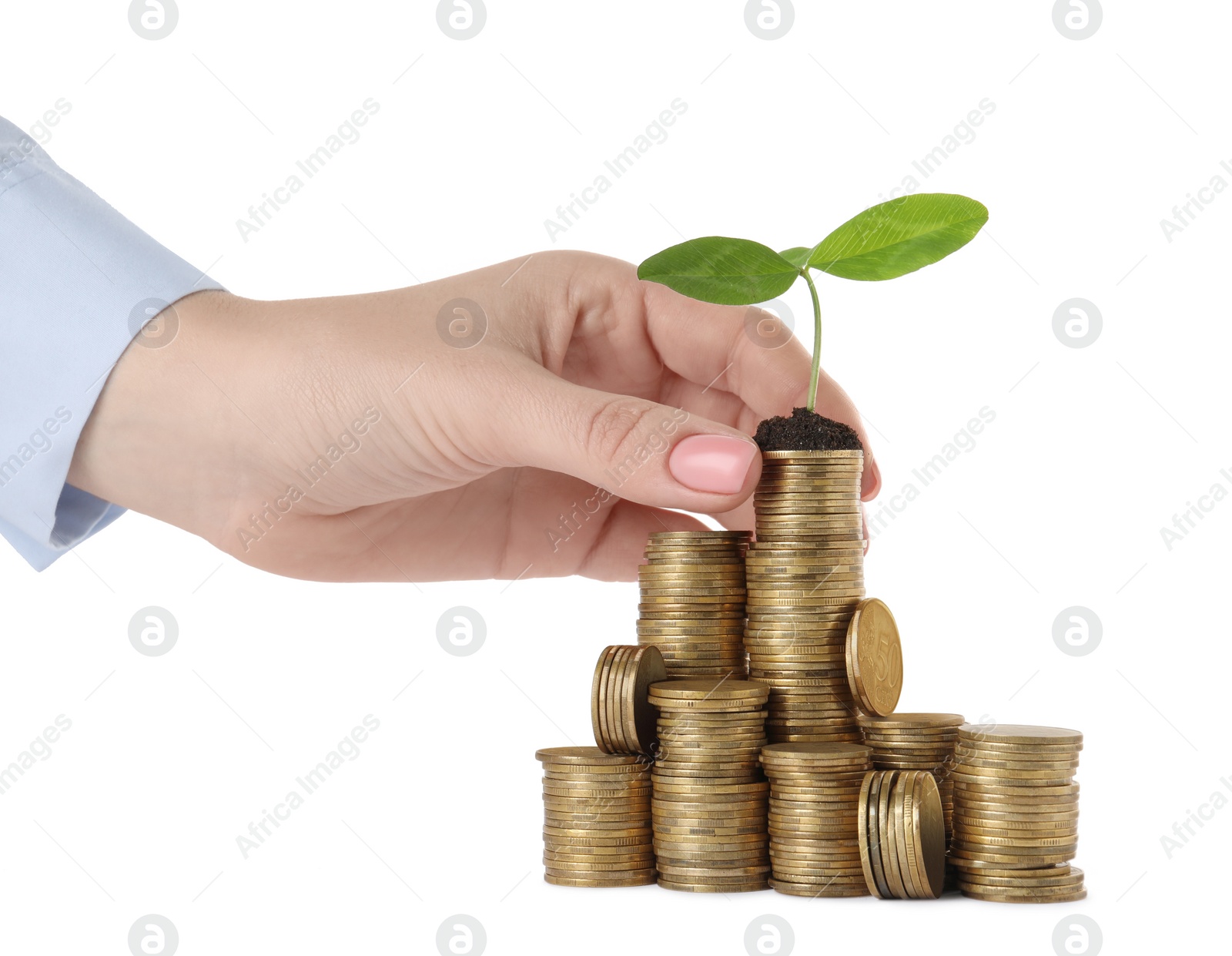 Photo of Woman putting coin with green sprout onto stack on white background, closeup